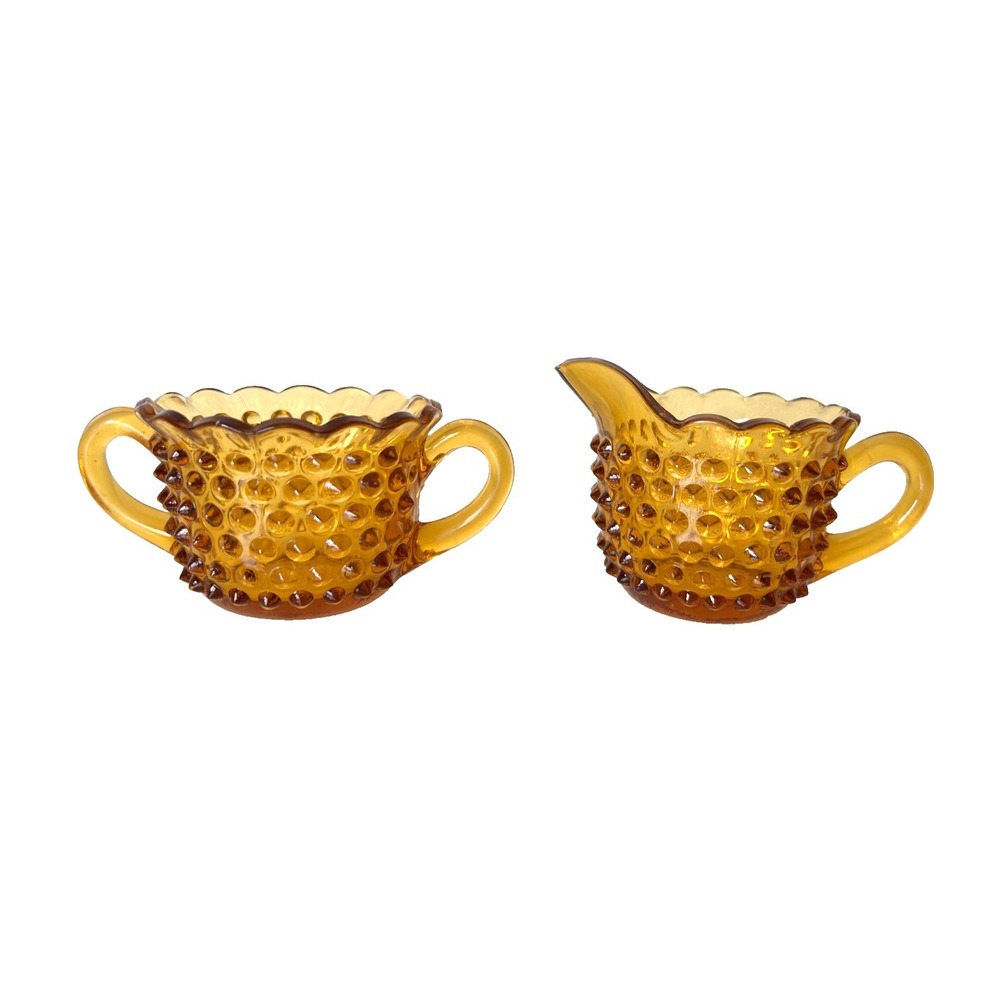 70s LE Smith Hobnail Yellow Gold Glass Sugar and Creamer Set Scalloped - Picture 7 of 11